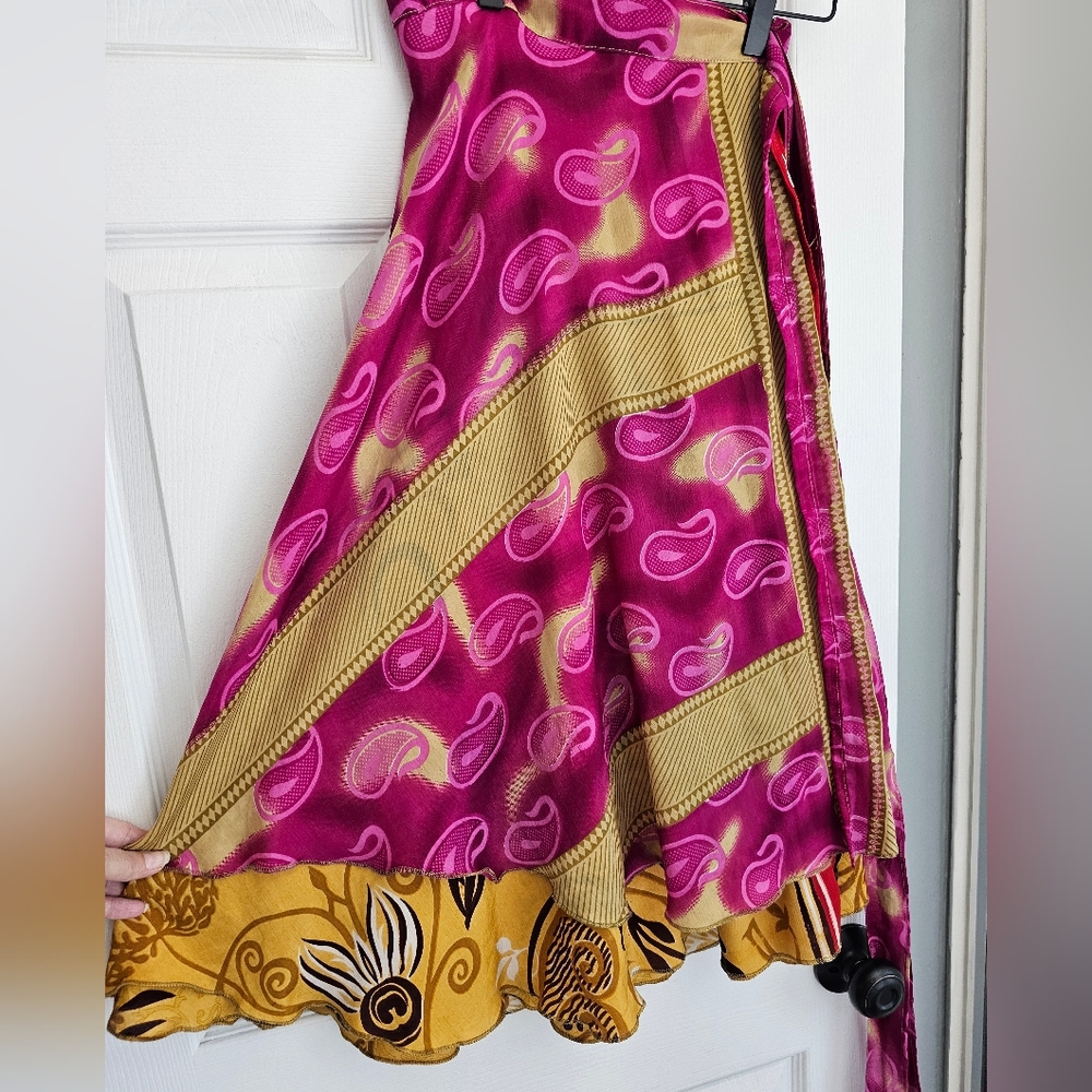 Silk Sari Wrap Skirt, TEA length, regular one size fits most. Pink, beige, gold